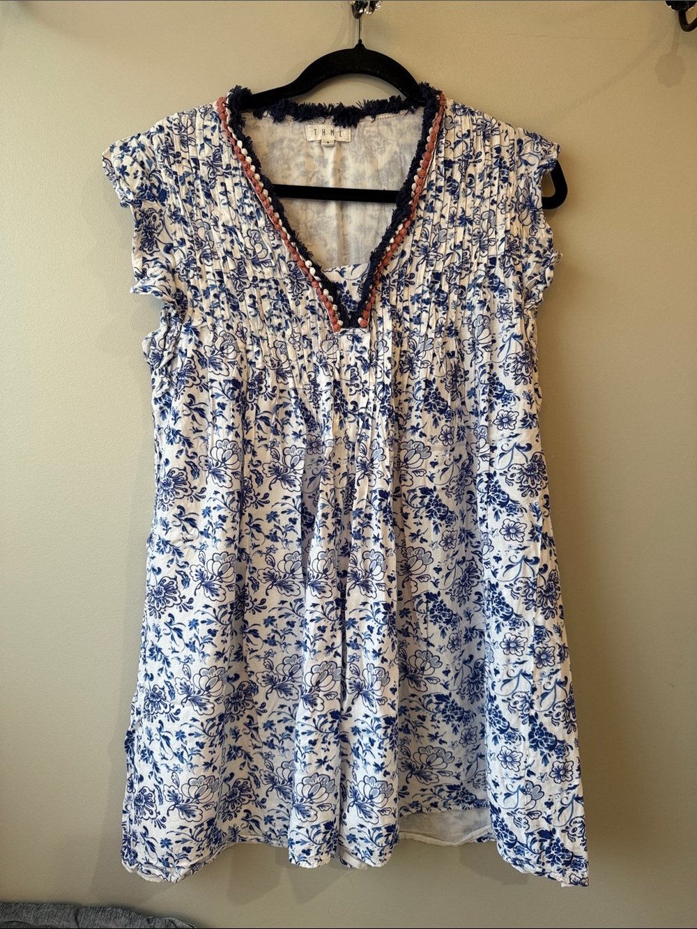 THML White and Blue Floral Mini Dress with Embroidered fringe V-Neck